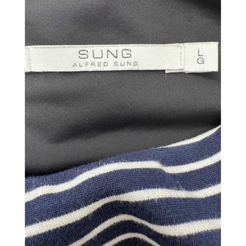 Alfred Sung Jersey Skirt Navy Blue Striped Stretch Pull-on Skirt Women's Large
